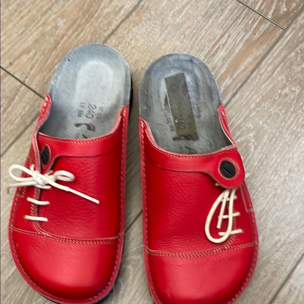 Birkenstock ALPRO Red Leather Clogs/mules with Lace Detail